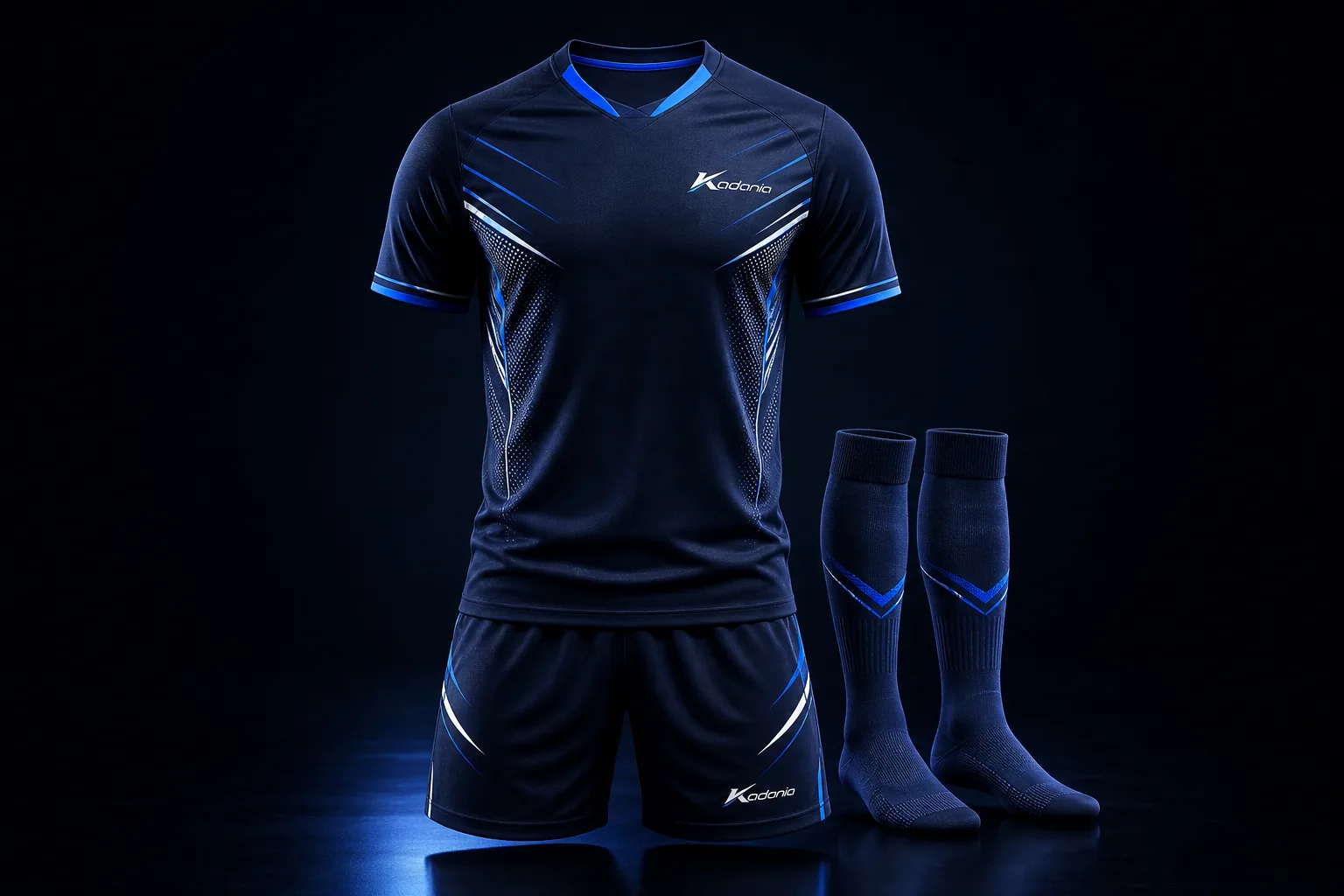 Kadania custom football kit in deep navy and electric blue
